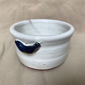Vintage Handmade Pottery Small Bowl With Blue Birds on Sides